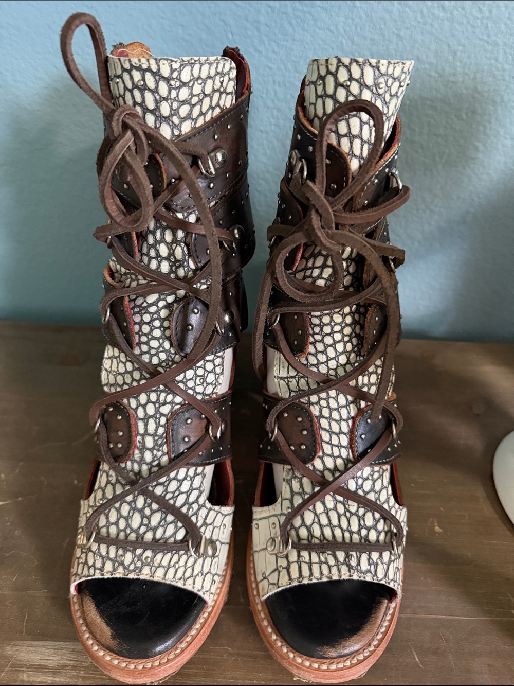 Freebird by Steven Brown and White Lace-Up Gladiator Heels